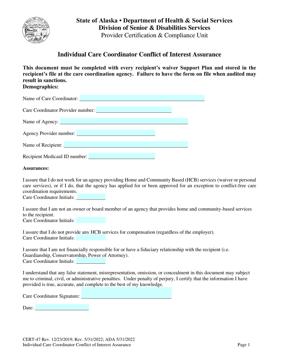 Form CERT-47 Individual Care Coordinator Conflict of Interest Assurance - Alaska, Page 1