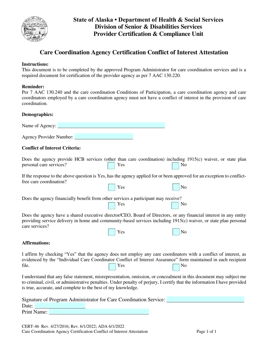 Form CERT-46 Care Coordination Agency Certification Conflict of Interest Attestation - Alaska, Page 1