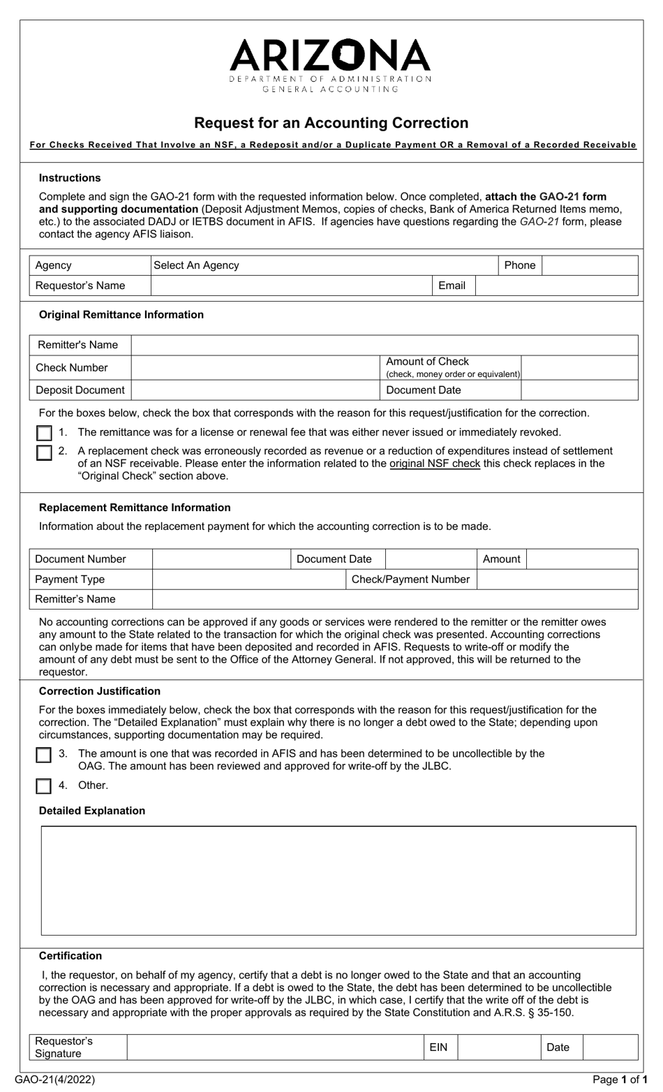 Form GAO-21 Request for an Accounting Correction - Arizona, Page 1