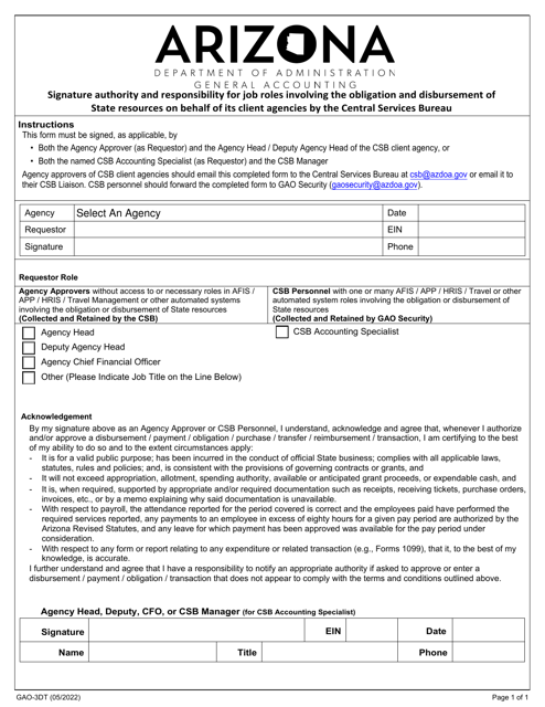 Form GAO-3DT Signature Authority and Responsibility for Job Roles Involving Disbursements and Transfers - Arizona