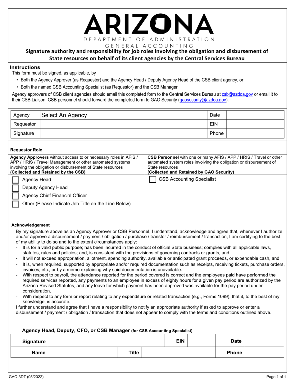 Form GAO-3DT Signature Authority and Responsibility for Job Roles Involving Disbursements and Transfers - Arizona, Page 1