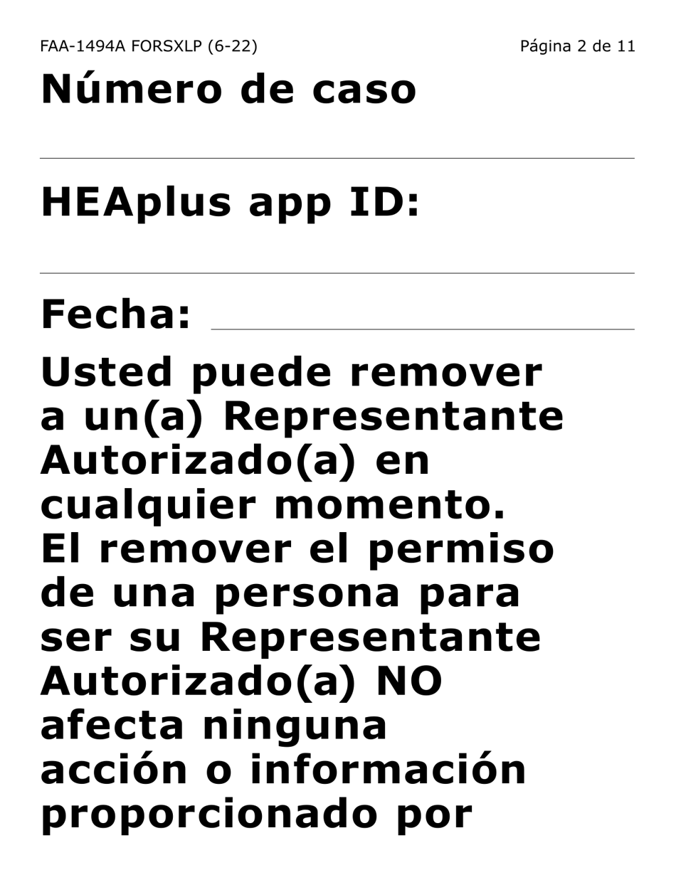 Formulario FAA-1494A-SXLP Remocion De Un(A) Representante Autorizado(A) (Letra Extra Grande) - Arizona (Spanish), Page 2