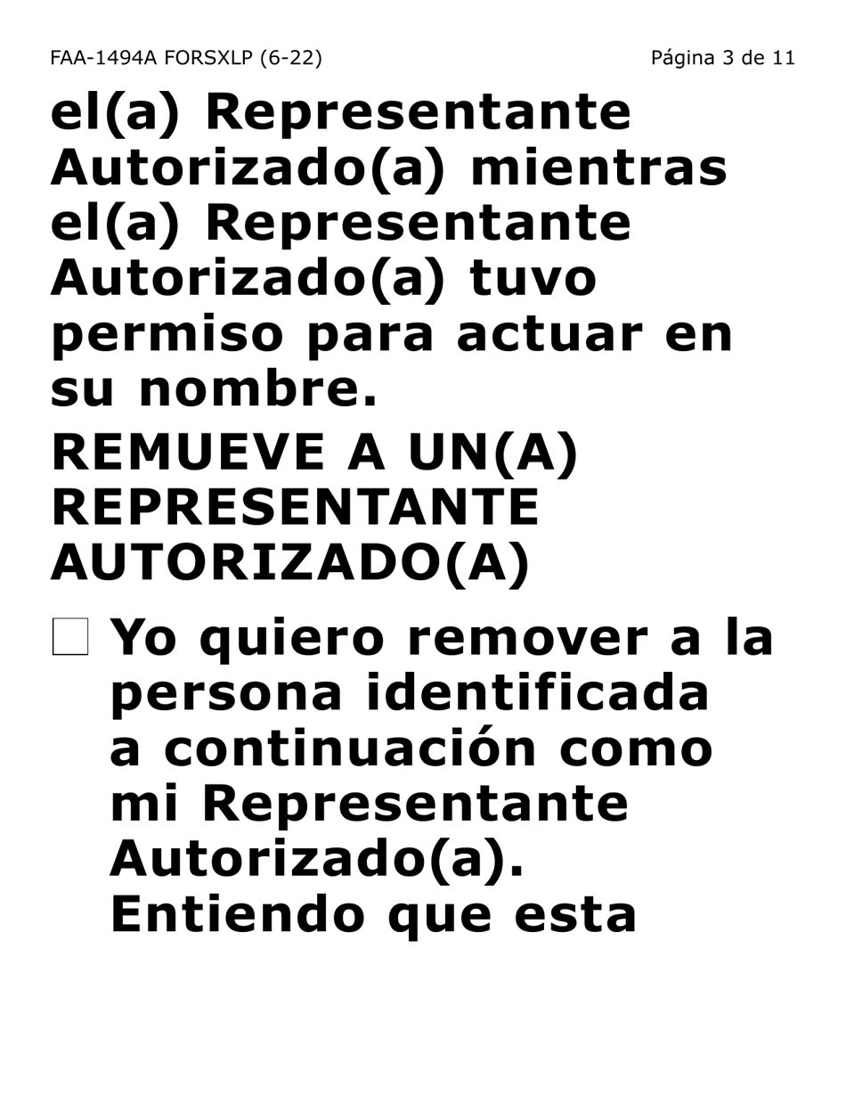 Formulario FAA-1494A-SXLP Remocion De Un(A) Representante Autorizado(A) (Letra Extra Grande) - Arizona (Spanish), Page 3