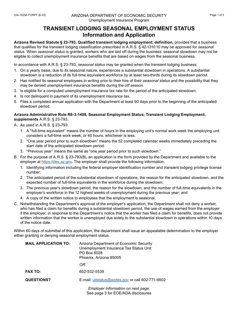 Form UIA-1029A Application for Transient Lodging Seasonal Employment Status - Arizona, Page 1