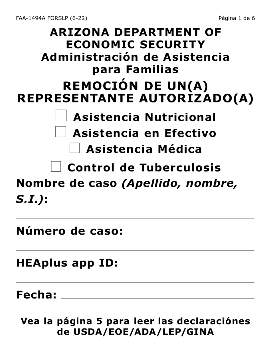 Formulario FAA-1494A-SLP Remocion De Un(A) Representante Autorizado(A) (Letra Grande) - Arizona (Spanish), Page 1