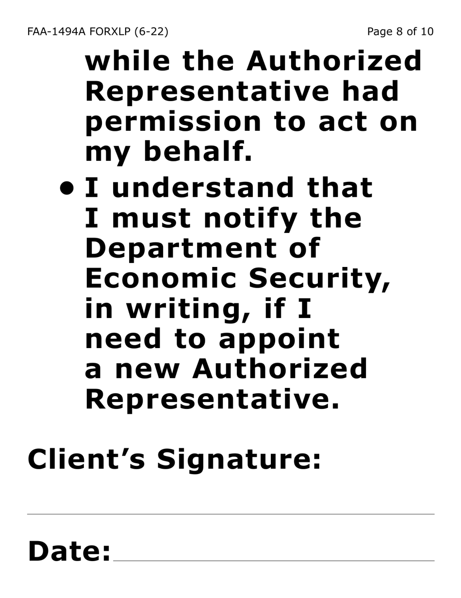 Form FAA-1494A-XLP Authorized Representative Removal (Exrta Large Print) - Arizona, Page 8