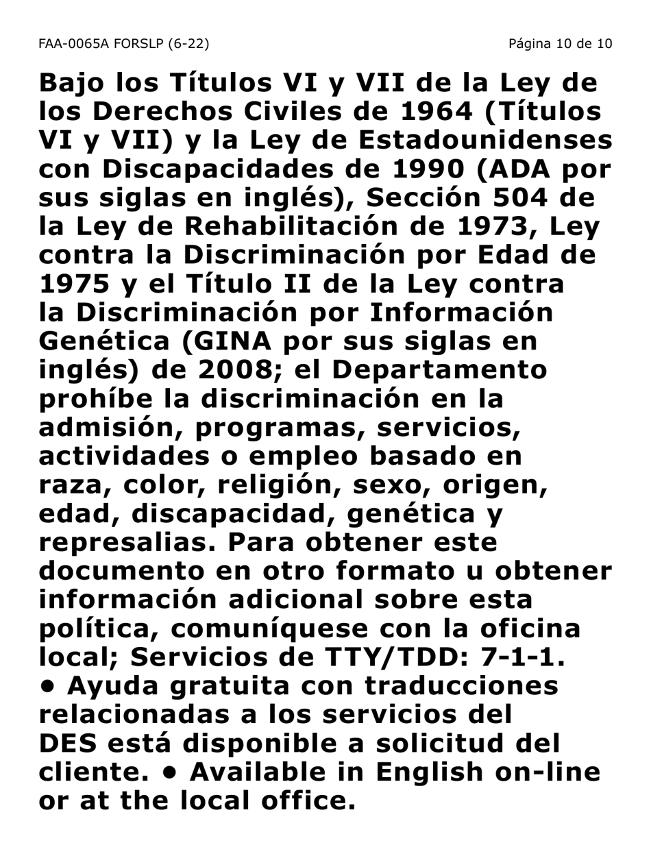 Formulario FAA-0065A-SLP Verificacion De Situacion De Residencia / Direccion Residencial (Letra Grande) - Arizona (Spanish), Page 10