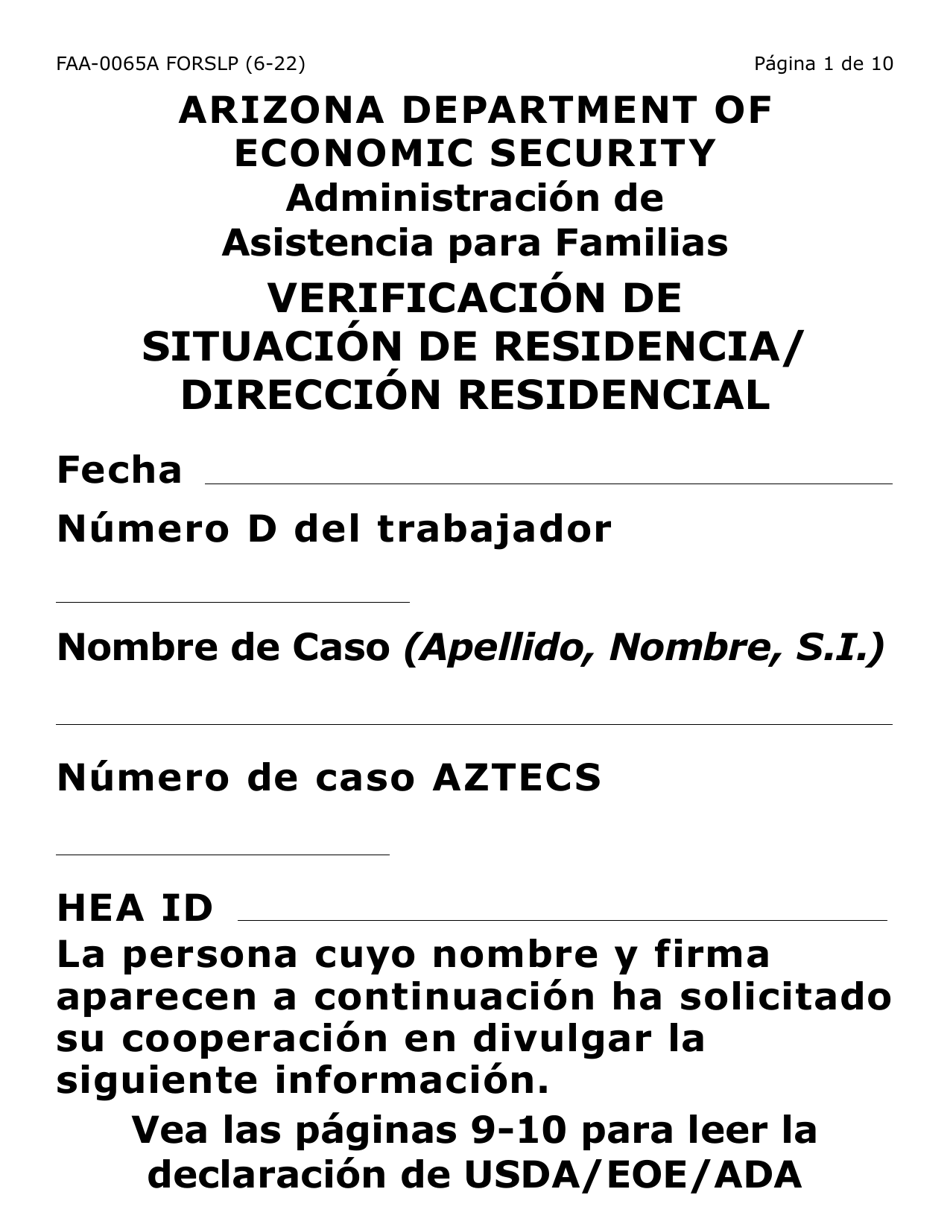 Formulario FAA-0065A-SLP Verificacion De Situacion De Residencia / Direccion Residencial (Letra Grande) - Arizona (Spanish), Page 1