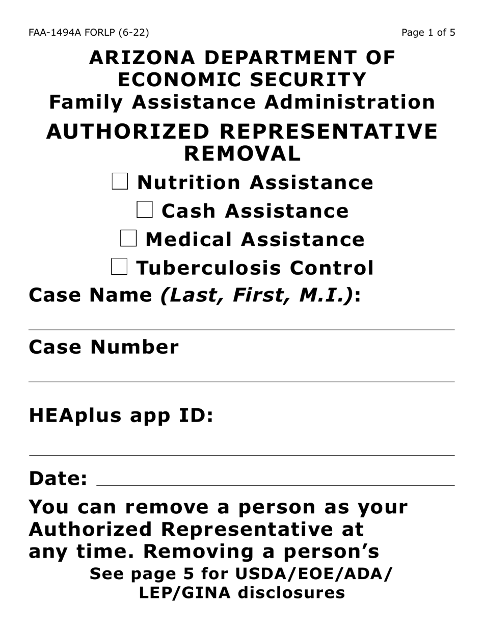 Form FAA-1494A-LP Authorized Representative Removal (Large Print) - Arizona, Page 1