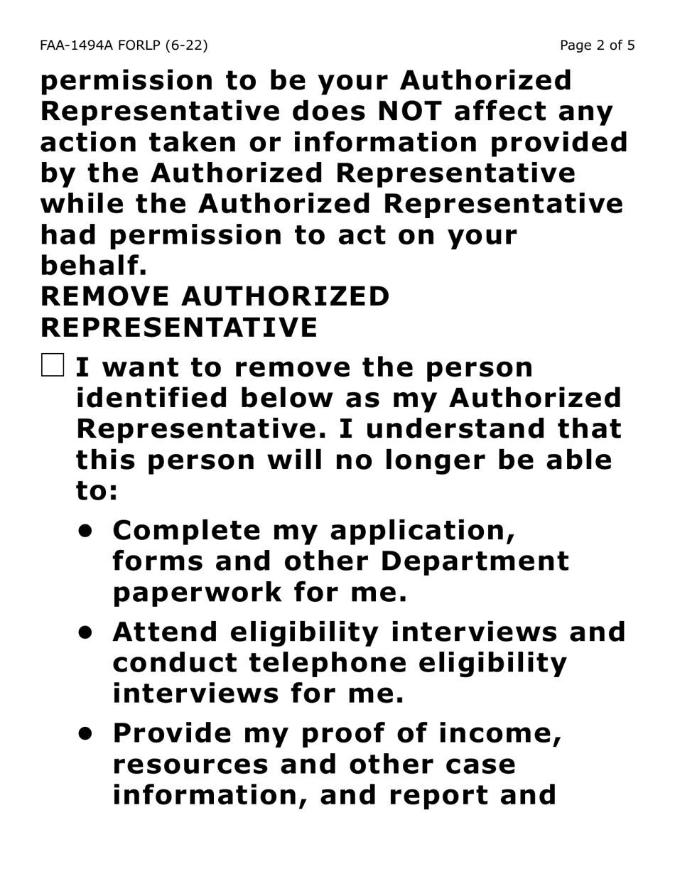 Form FAA-1494A-LP Authorized Representative Removal (Large Print) - Arizona, Page 2