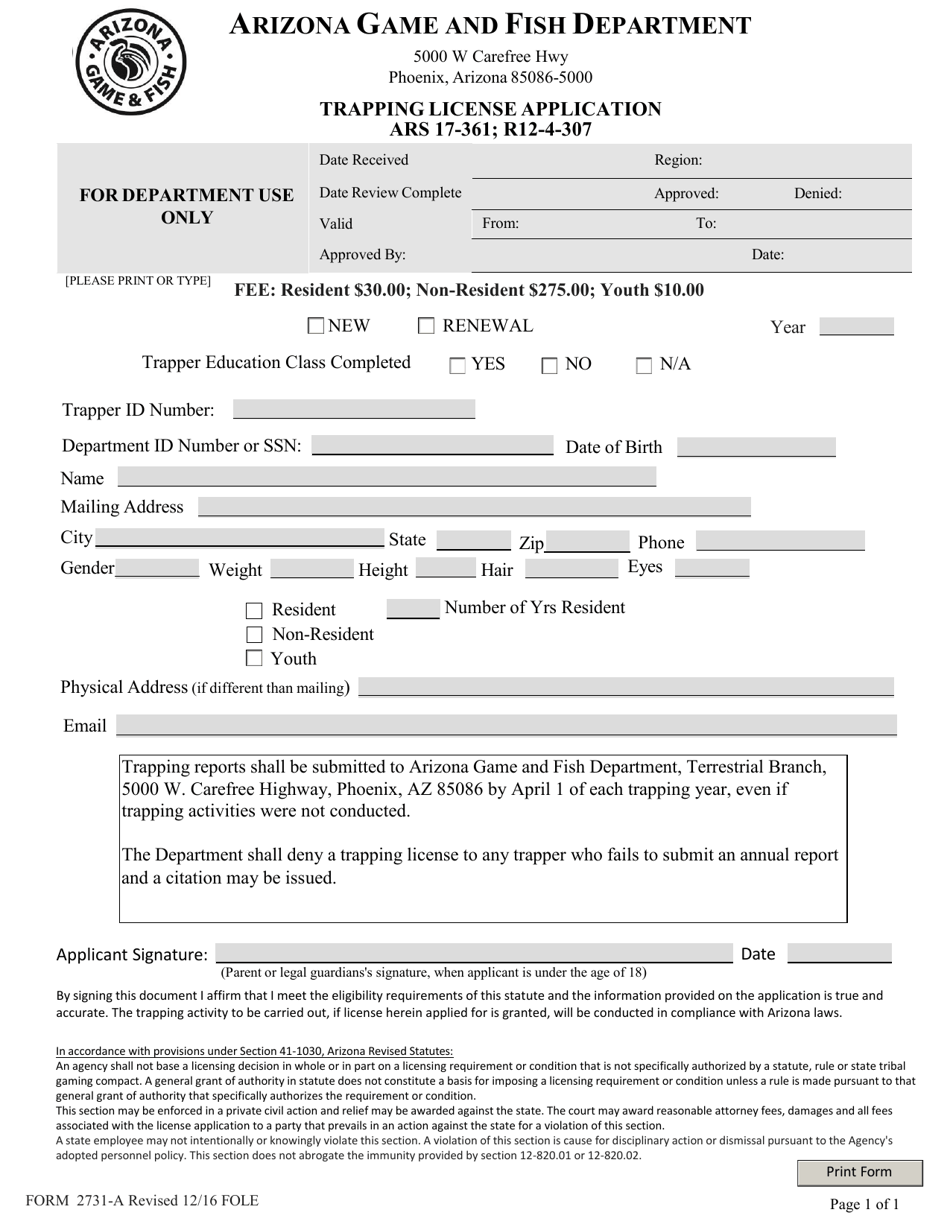 Form 2731A Fill Out, Sign Online and Download Printable PDF, Arizona