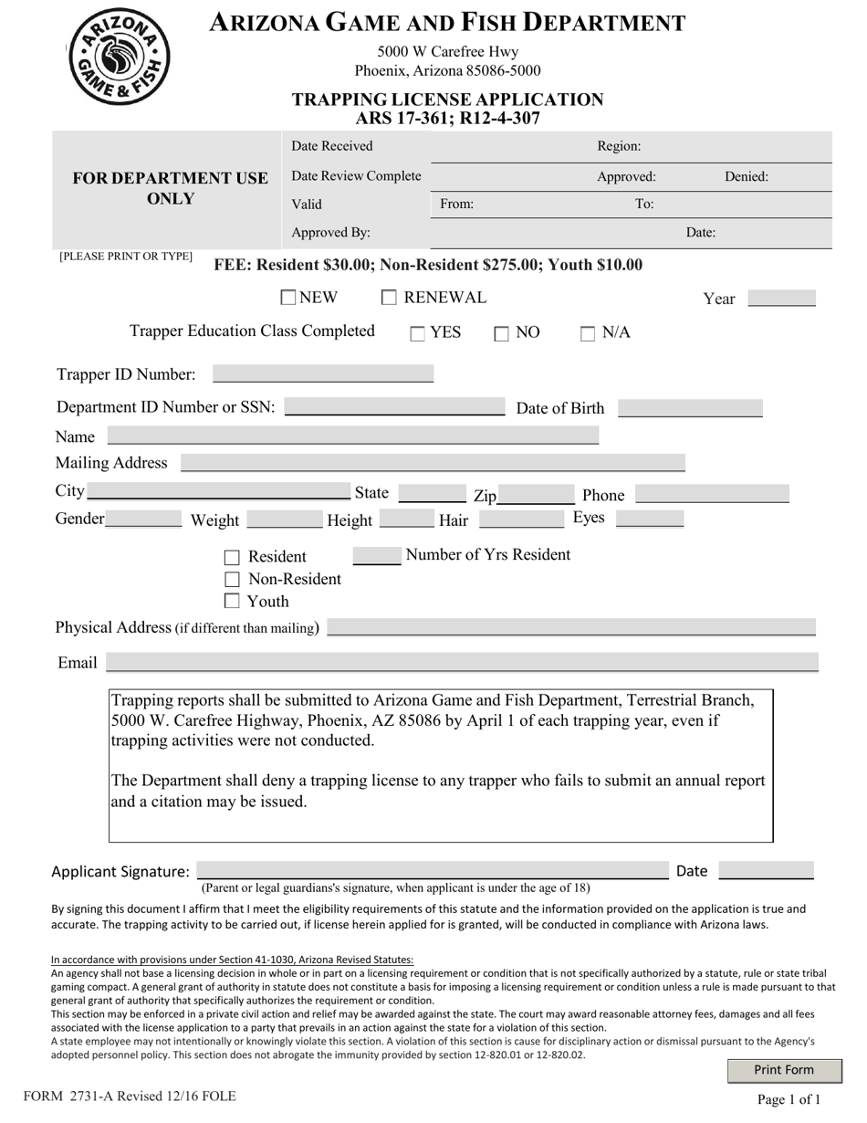 Form 2731-A Trapping License Application - Arizona, Page 1