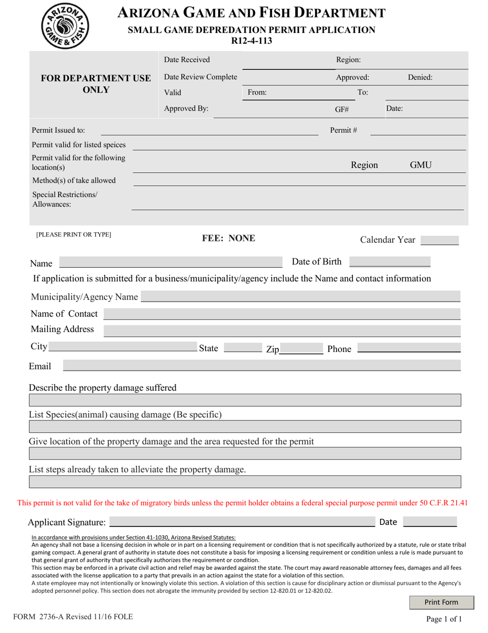 Form 2736A Download Printable PDF or Fill Online Small Game