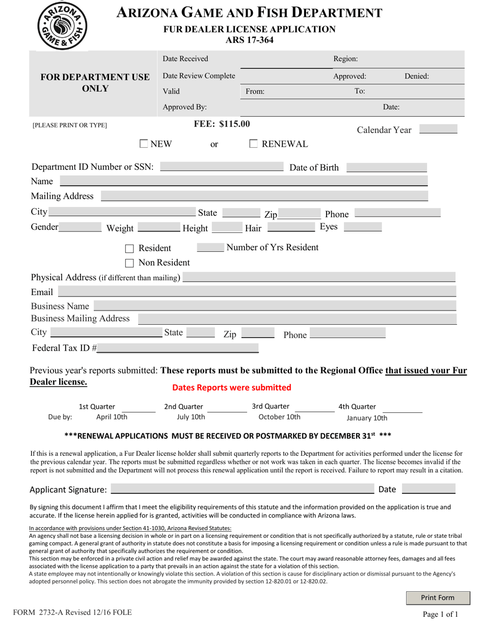 Form 2732-A Fur Dealer License Application - Arizona, Page 1