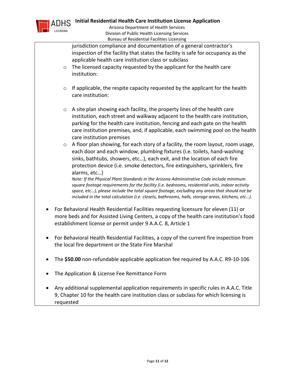 Initial Residential Health Care Institution License Application - Arizona, Page 11