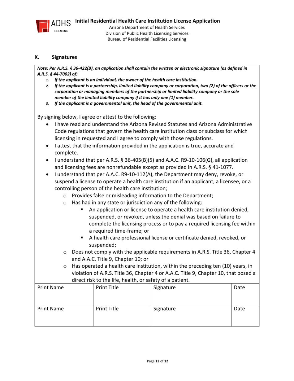 Initial Residential Health Care Institution License Application - Arizona, Page 12