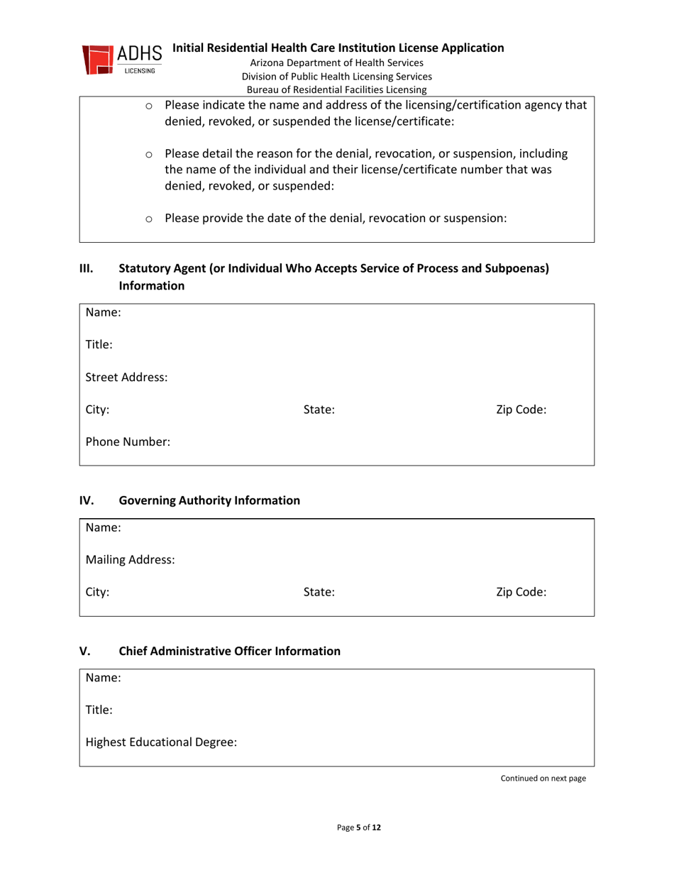 Initial Residential Health Care Institution License Application - Arizona, Page 5