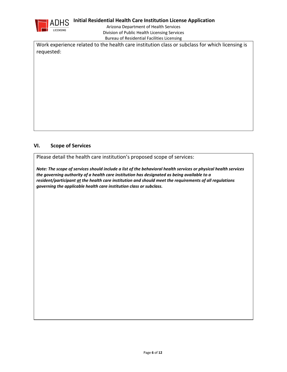 Initial Residential Health Care Institution License Application - Arizona, Page 6
