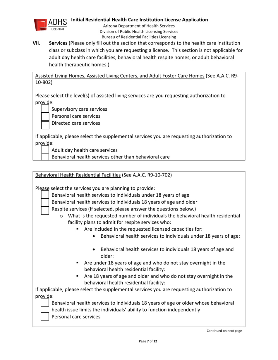 Initial Residential Health Care Institution License Application - Arizona, Page 7