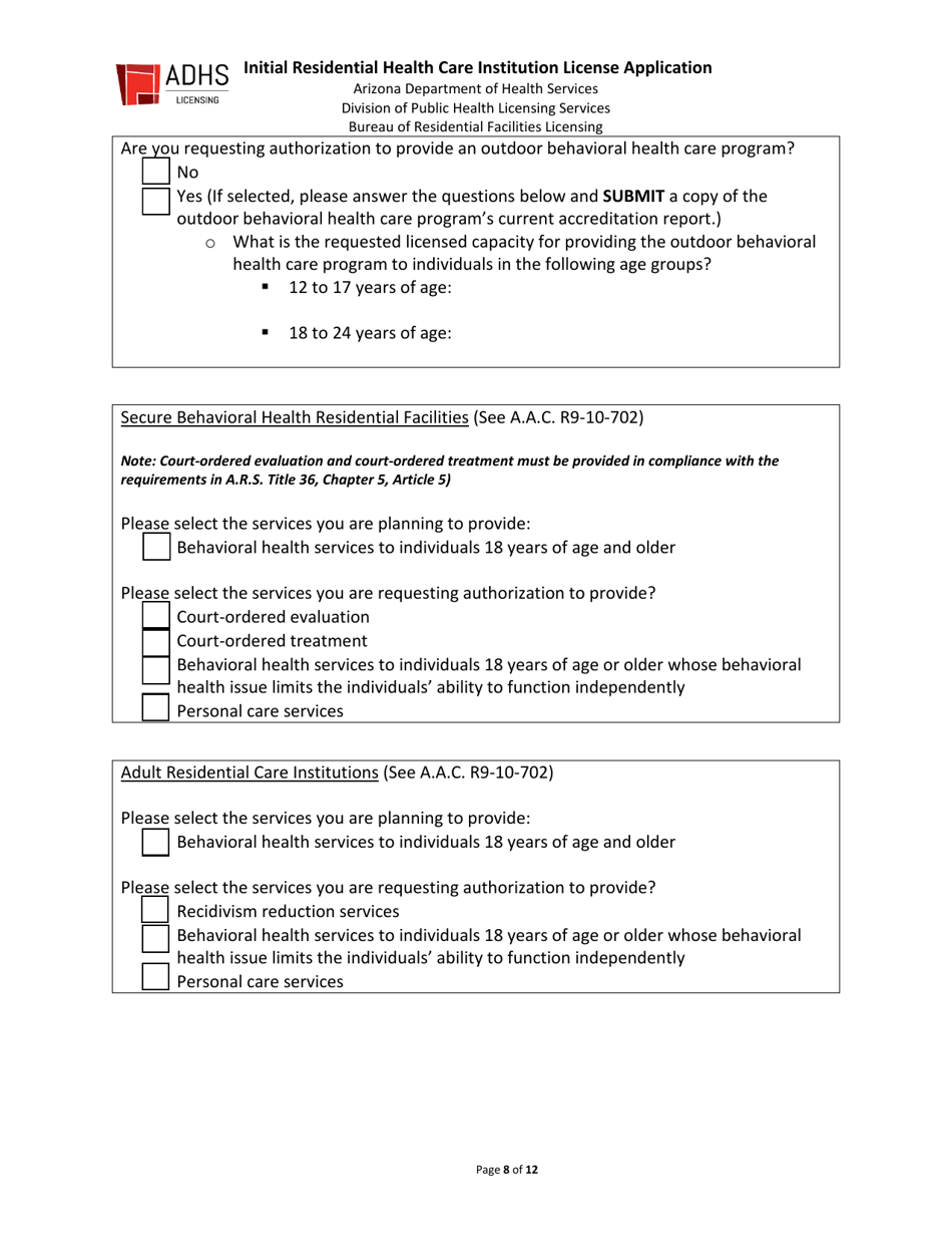 Initial Residential Health Care Institution License Application - Arizona, Page 8