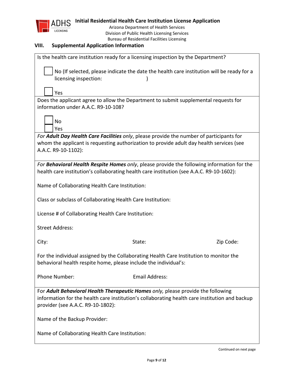 Initial Residential Health Care Institution License Application - Arizona, Page 9