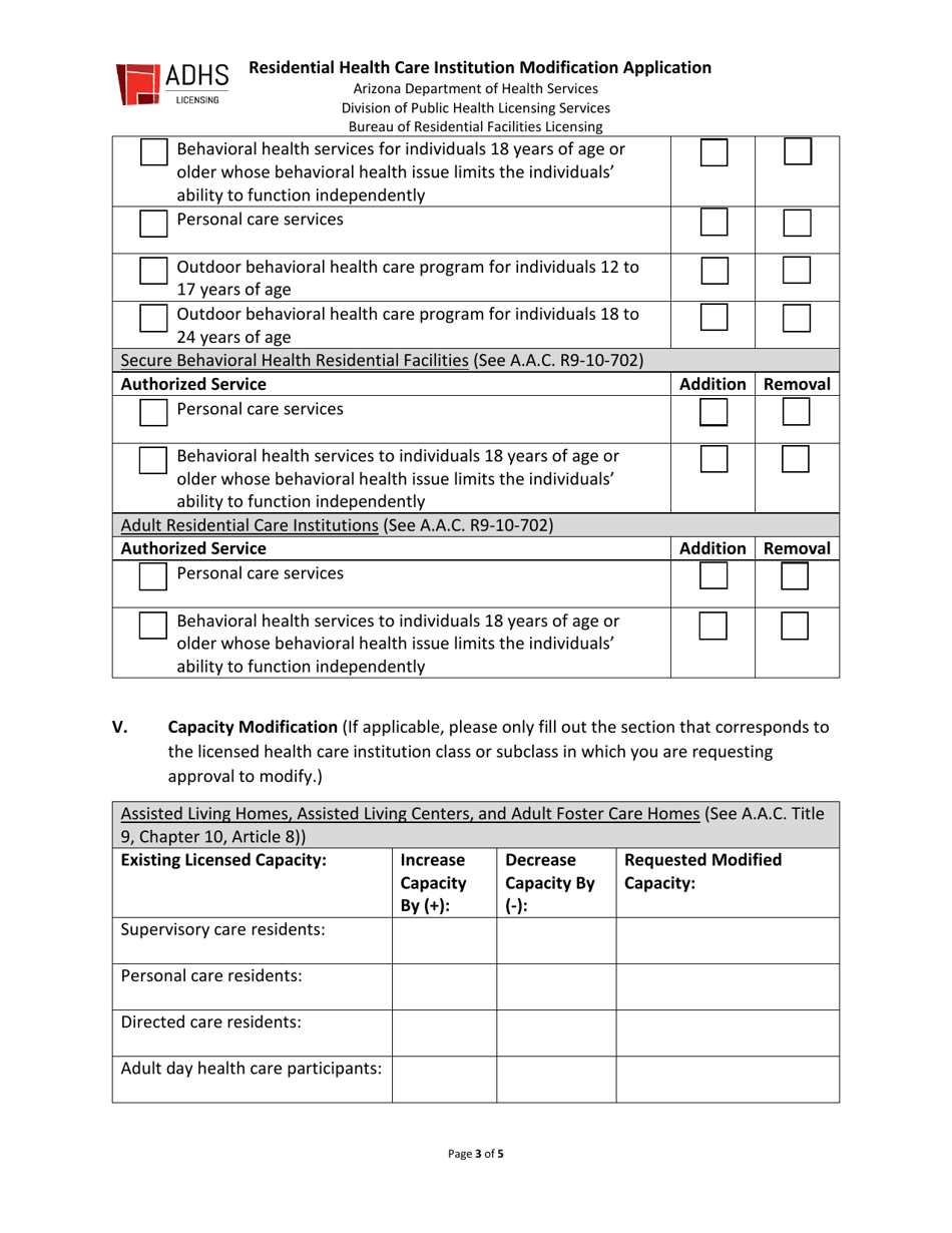 Residential Health Care Institution Modification Application - Arizona, Page 3