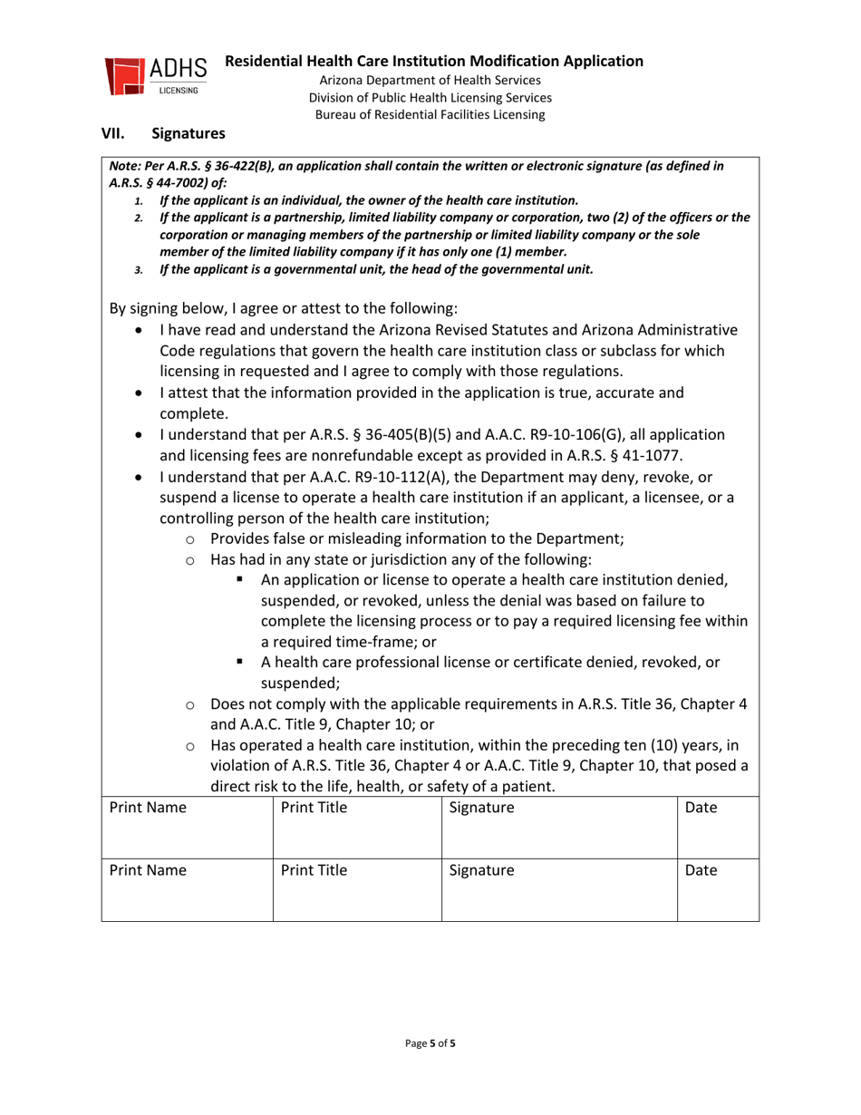 Residential Health Care Institution Modification Application - Arizona, Page 5
