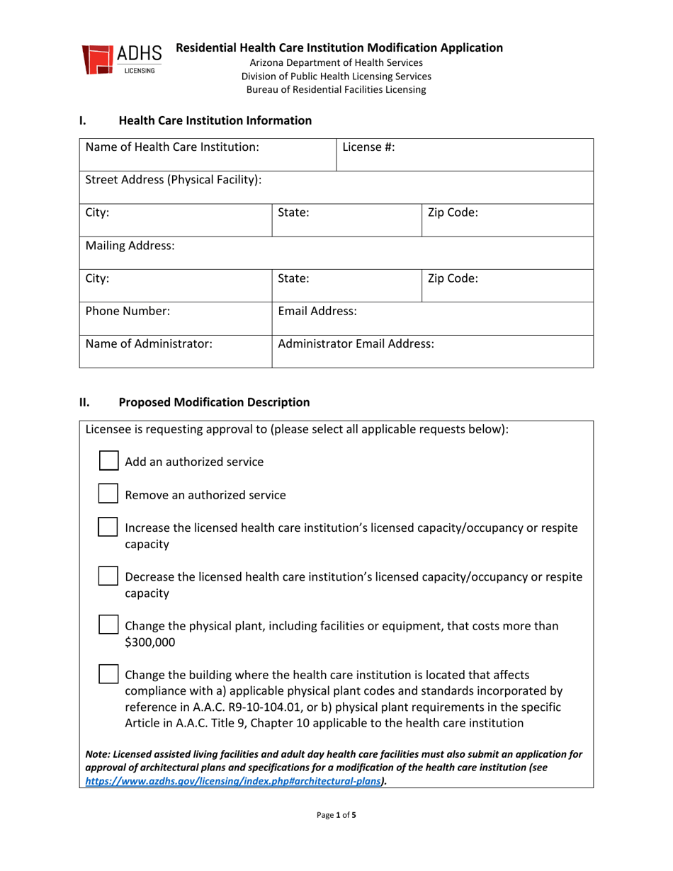 Arizona Residential Health Care Institution Modification Application ...