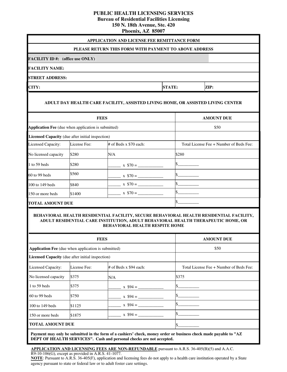 Application and License Fee Remittance Form - Arizona, Page 1