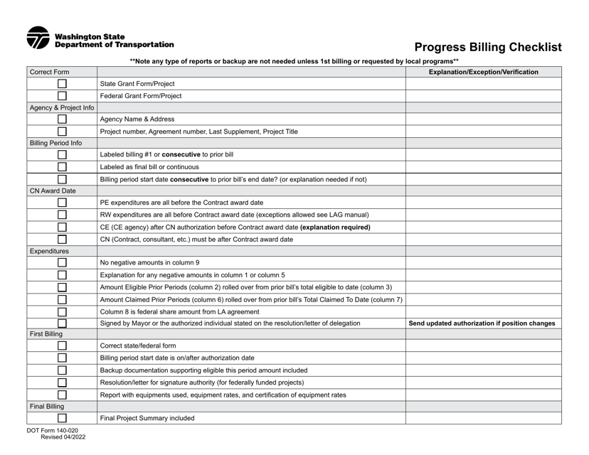 DOT Form 140-020 Progress Billing Checklist - Washington