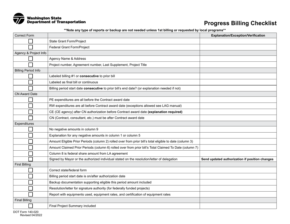 DOT Form 140-020 Progress Billing Checklist - Washington, Page 1