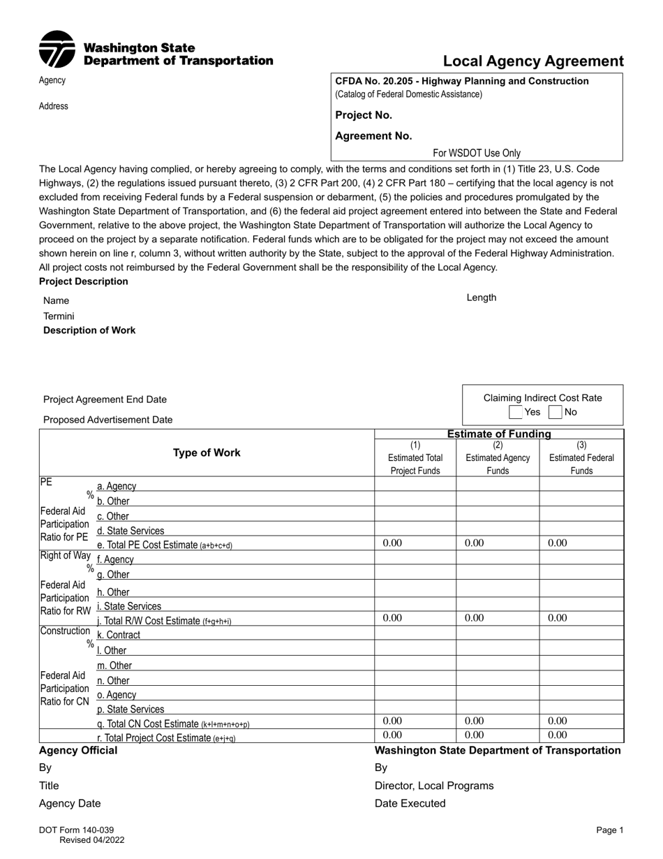 DOT Form 140-039 Local Agency Agreement - Washington, Page 1
