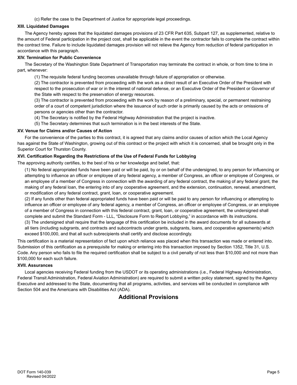 DOT Form 140-039 Local Agency Agreement - Washington, Page 5