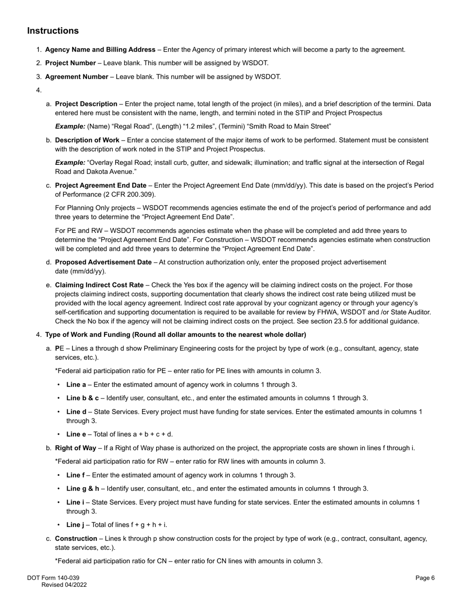 DOT Form 140-039 Local Agency Agreement - Washington, Page 6