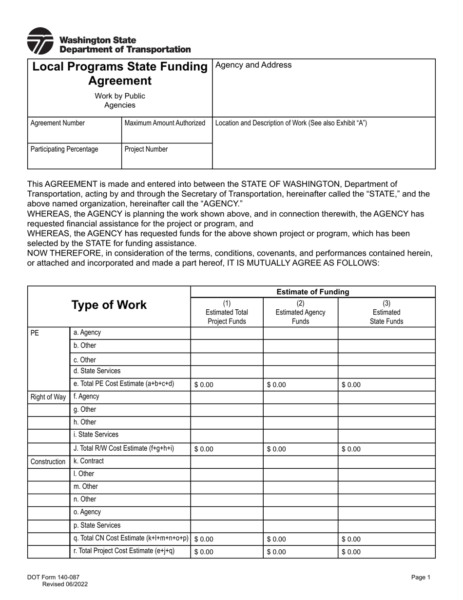 DOT Form 140-087 Local Programs State Funding Agreement - Washington, Page 1