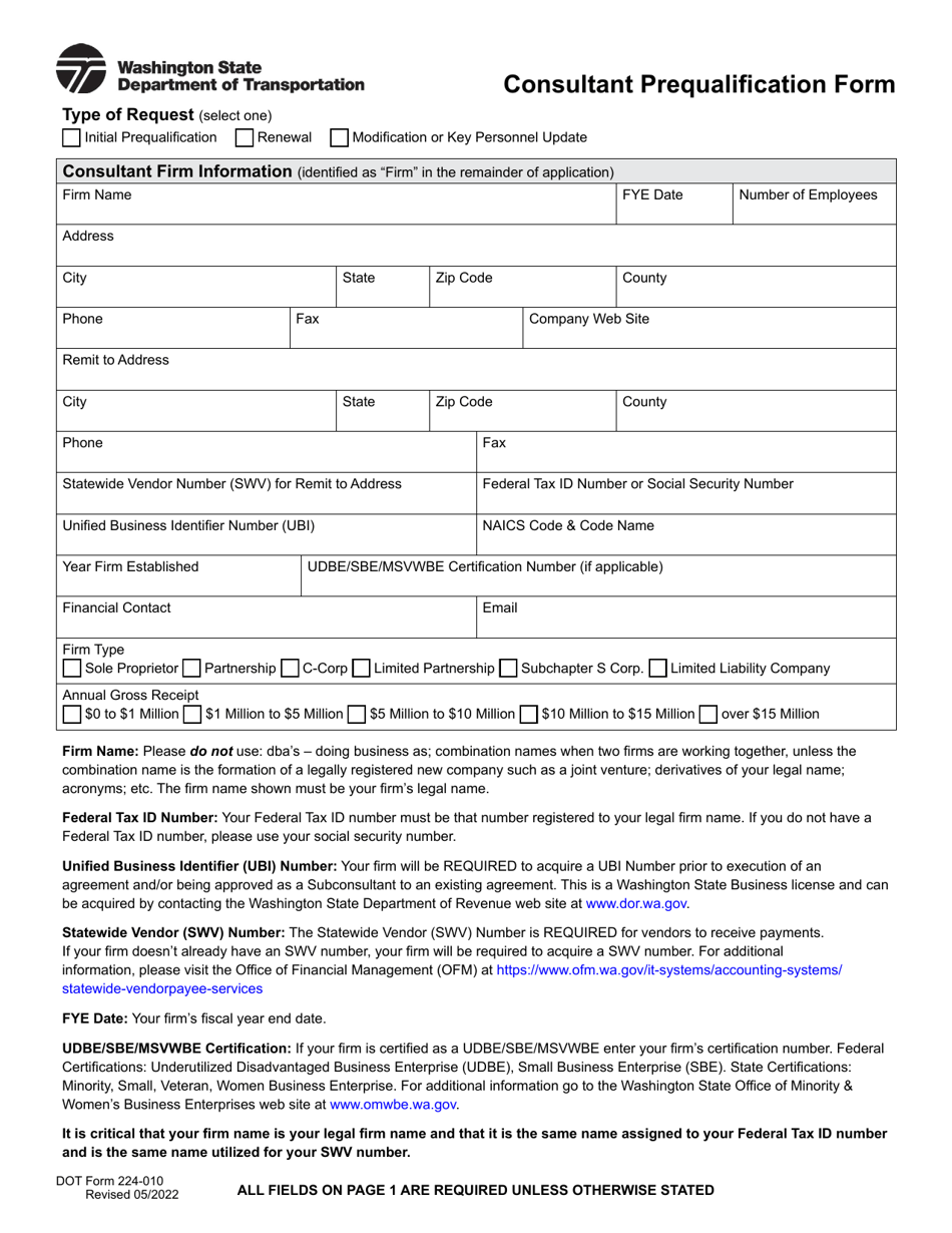 DOT Form 224-010 Consultant Prequalification Form - Washington, Page 1