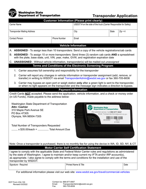 DOT Form 234-130 Transponder Application - Washington