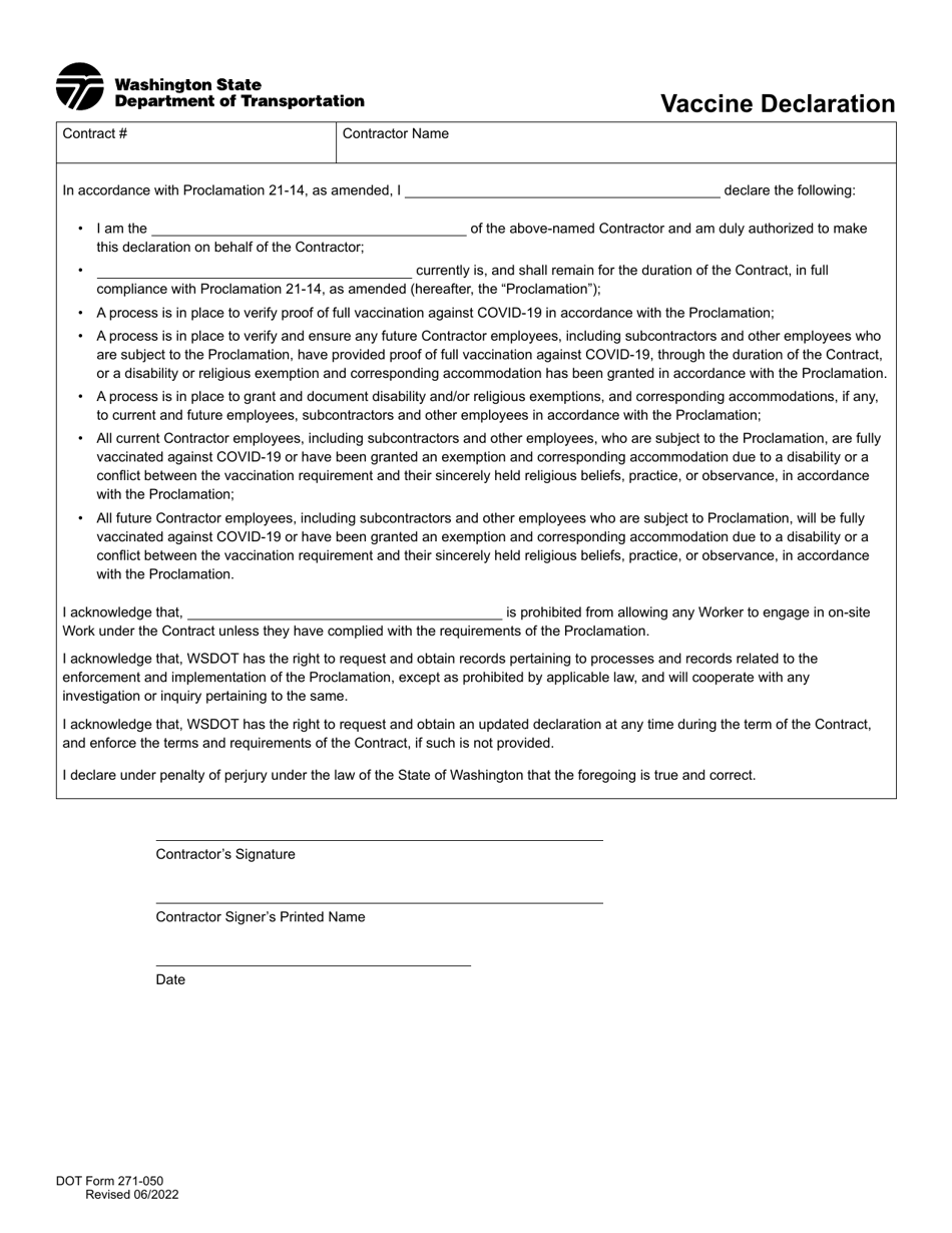 DOT Form 271-050 Vaccine Declaration - Washington, Page 1
