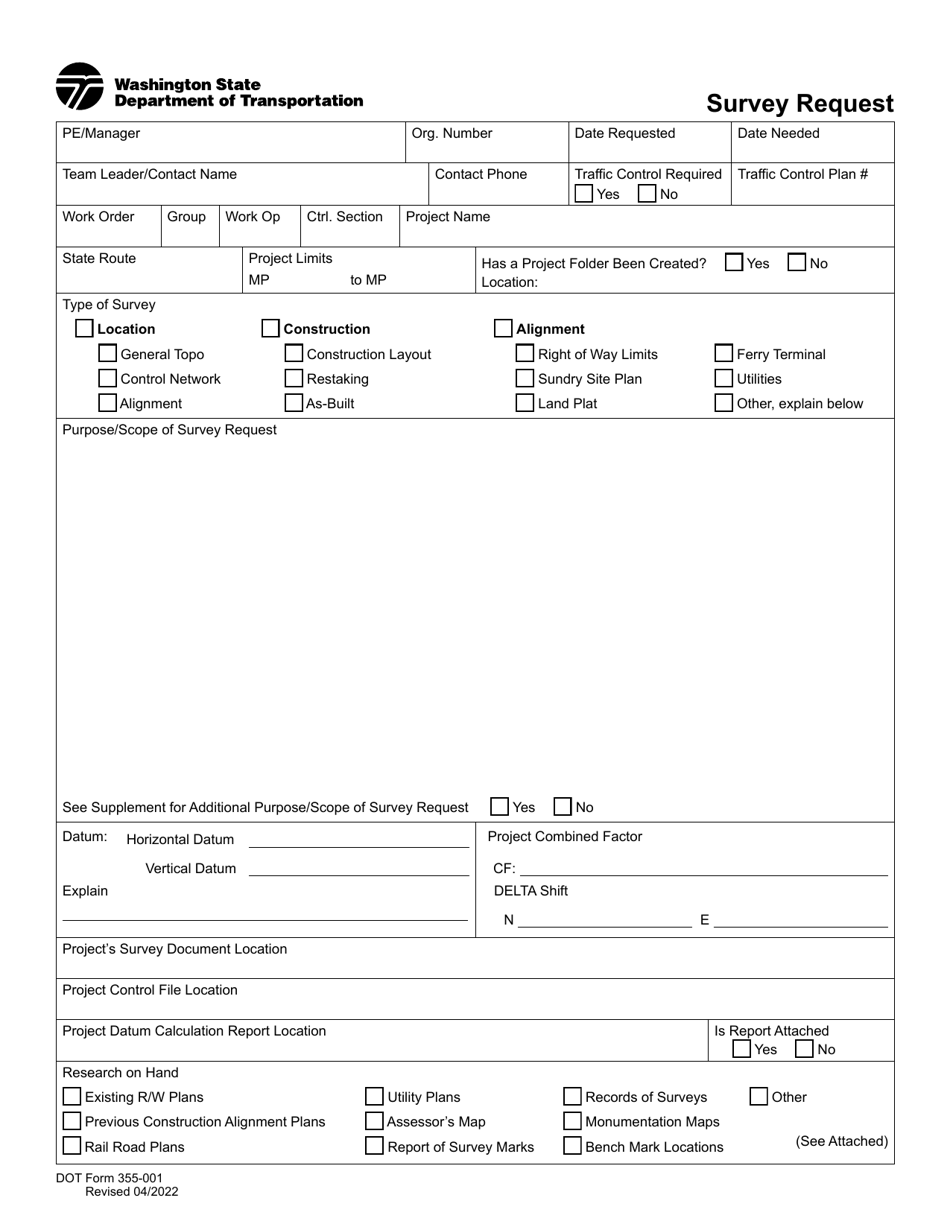 DOT Form 355-001 Survey Request - Washington, Page 1