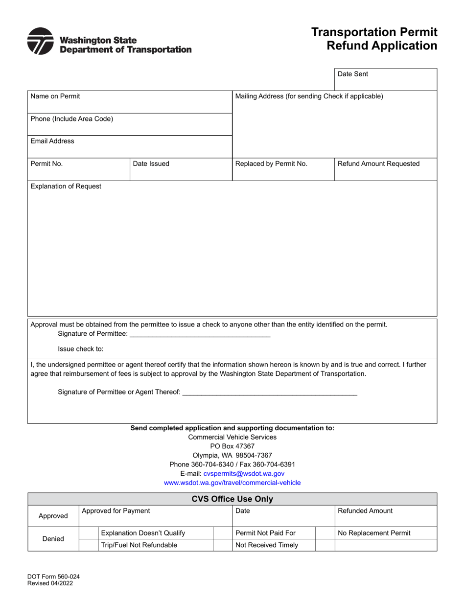 DOT Form 560-024 Transportation Permit Refund Application - Washington, Page 1
