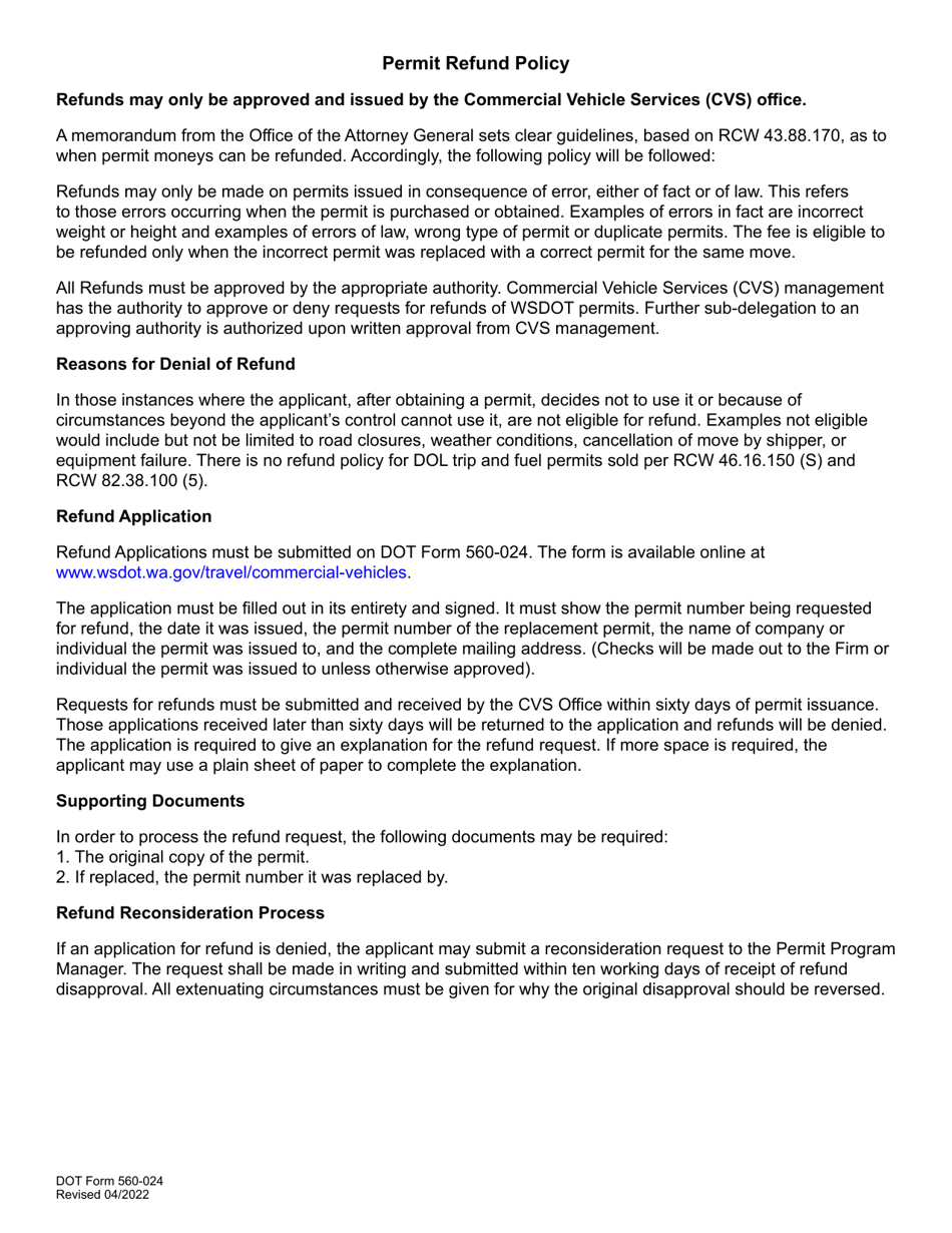 DOT Form 560-024 Transportation Permit Refund Application - Washington, Page 2
