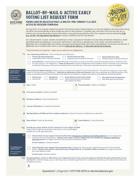 Ballot-By-Mail & Active Early Voting List Request Form - Arizona (English / Spanish) Download Pdf