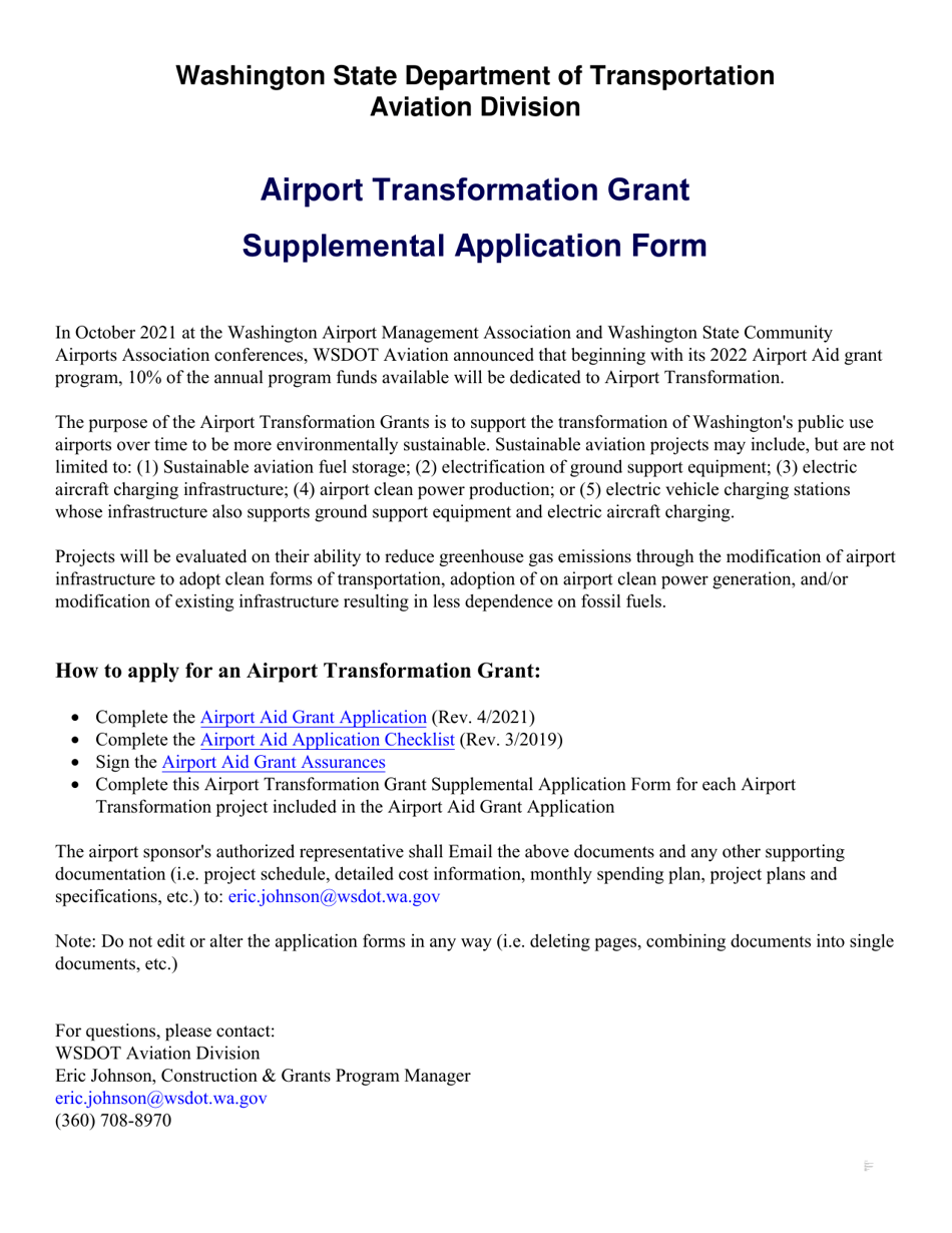 Airport Transformation Grant Supplemental Application - Washington, Page 1