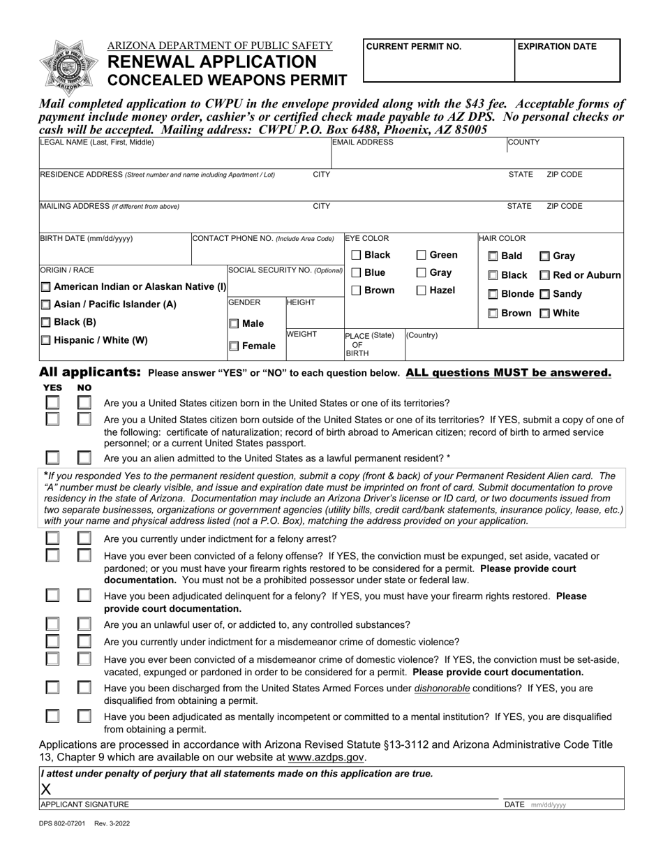 Form DPS802-07201 Renewal Application - Concealed Weapons Permit - Arizona, Page 1