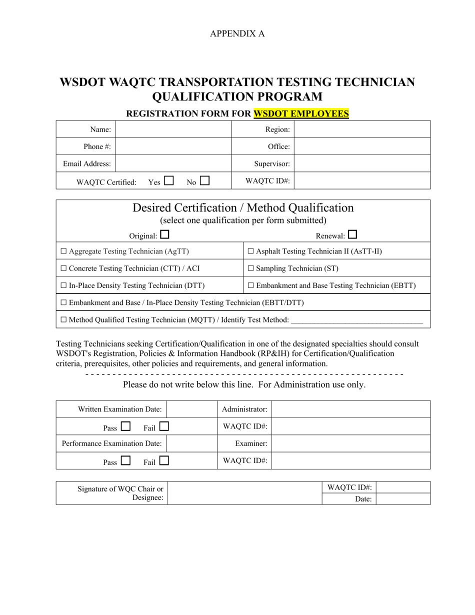 Appendix A Registration Form for Wsdot Employees - Transportation Testing Technician Qualification Program - Washington, Page 1