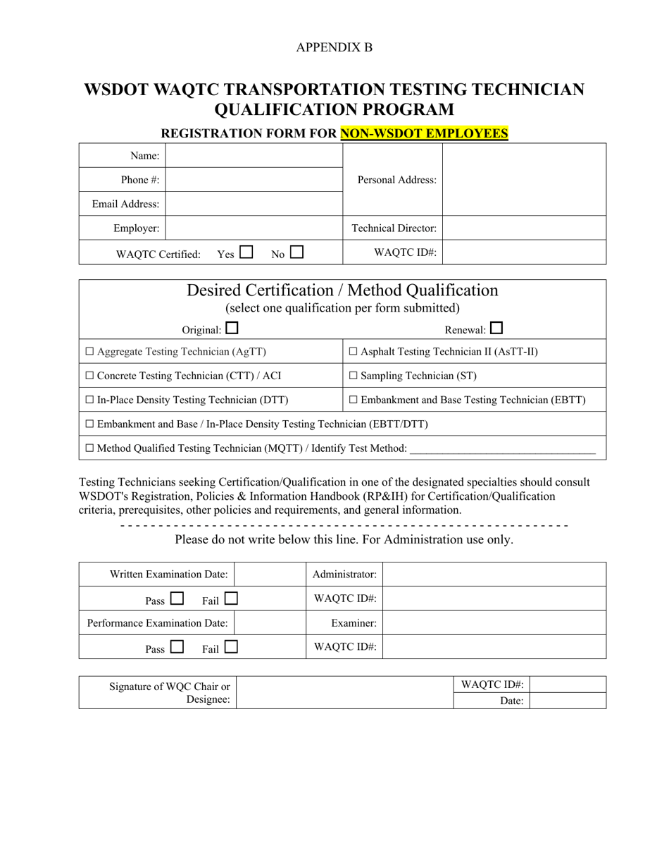 Appendix B Registration Form for Non-wsdot Employees - Transportation Testing Technician Qualification Program - Washington, Page 1