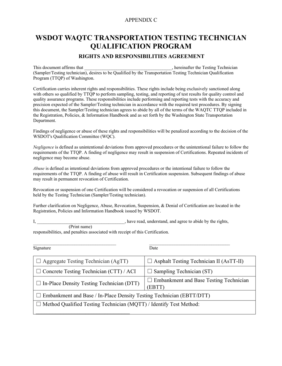 Appendix C Rights and Responsibilities Agreement - Transportation Testing Technician Qualification Program - Washington, Page 1