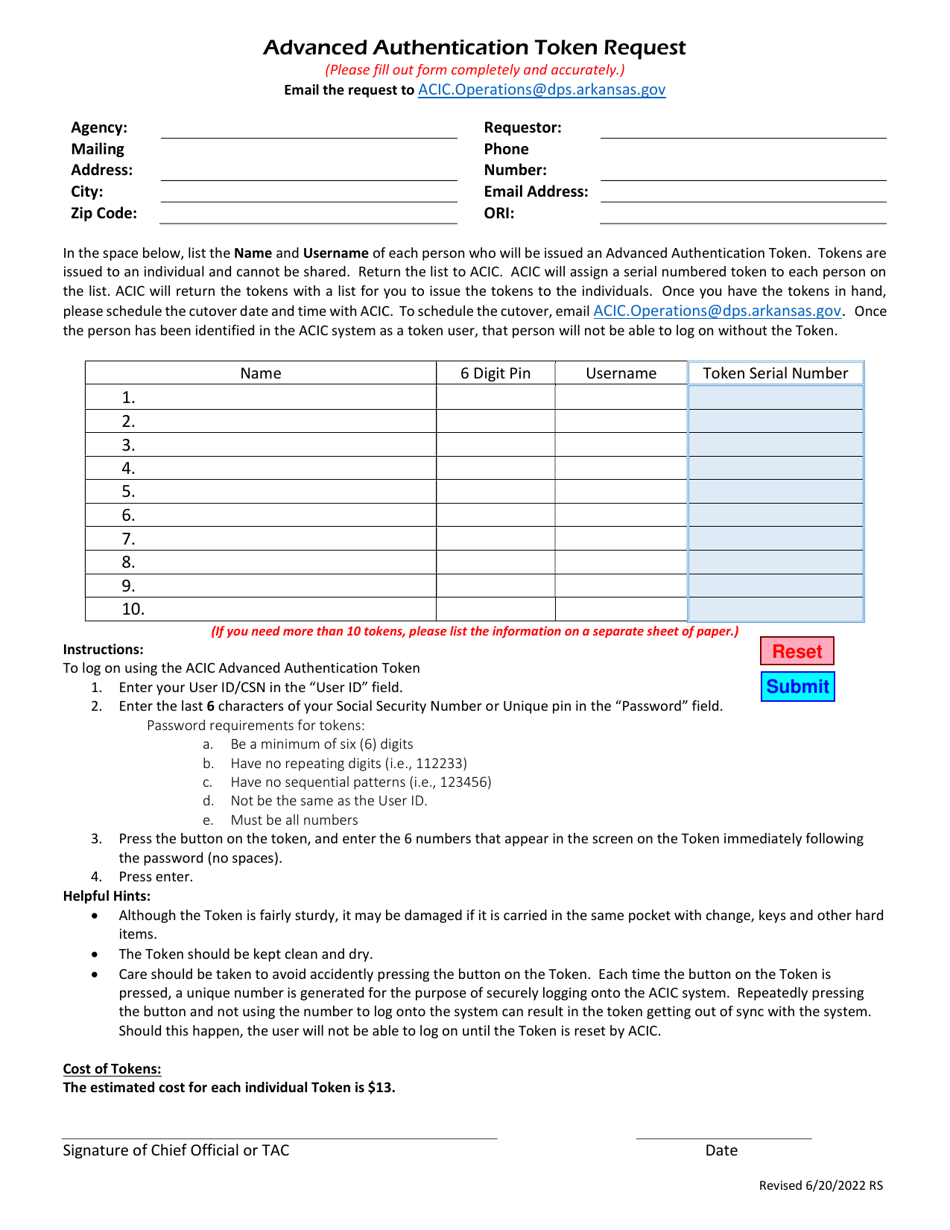 Advanced Authentication Token Request - Arkansas, Page 1