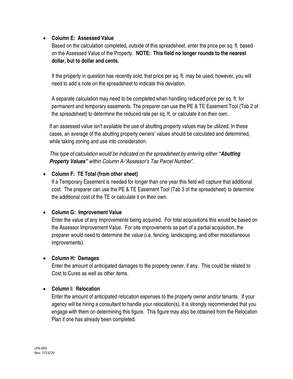 Instructions for Form LPA-005B Row Funding Estimate - Washington, Page 2