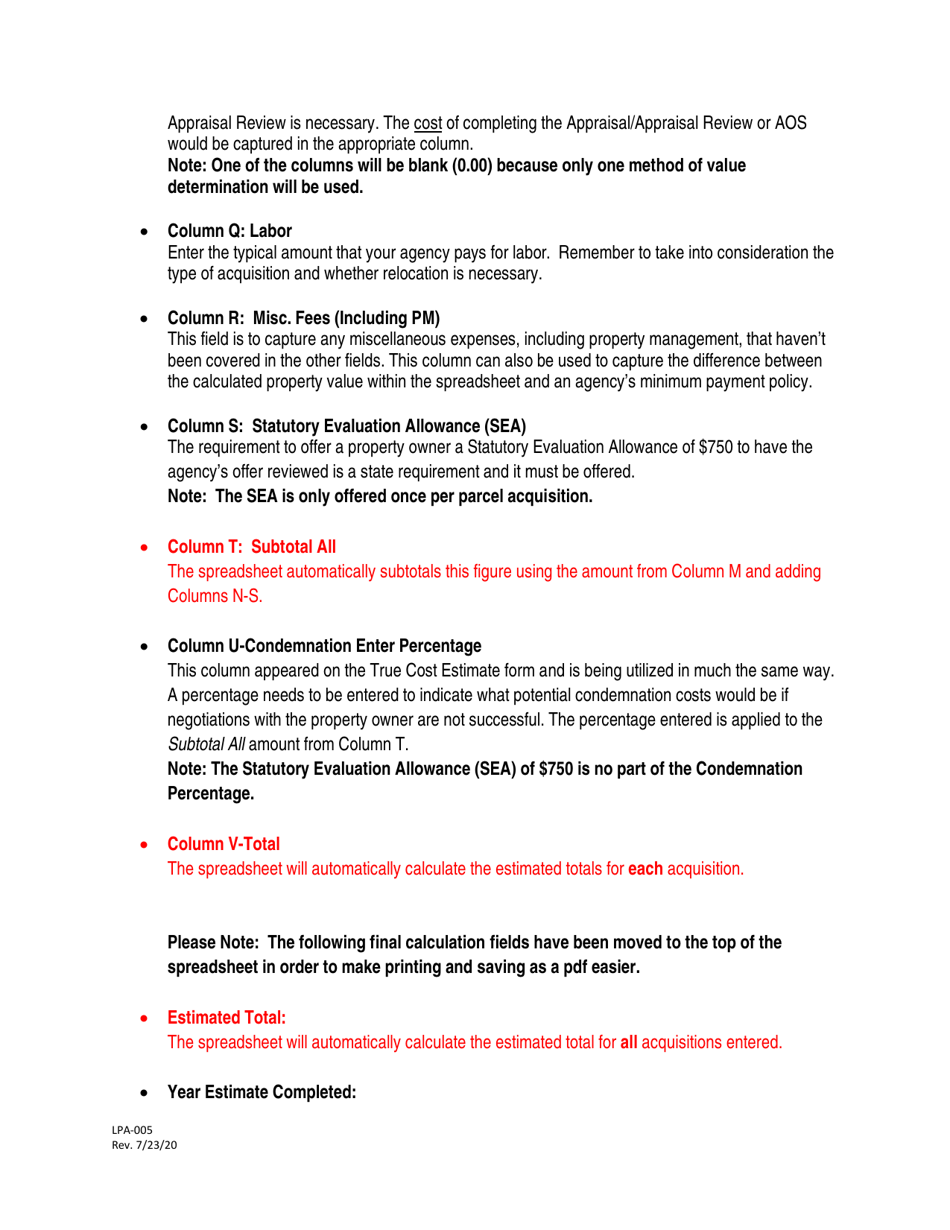 Instructions for Form LPA-005B Row Funding Estimate - Washington, Page 4